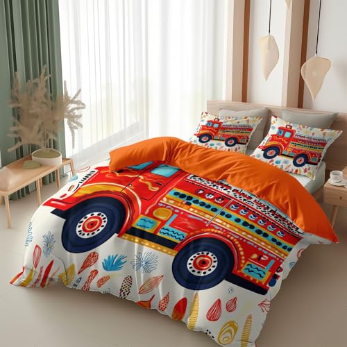 Bettwäsche 200 x 200 cm Cartoon Feuerwehr Linienzeichnung Bettbezug, orange Farbe wendebettwäsche mit Reißverschluss - Weiche Fein Mikrofaser Bettwäsche Set - 3 Teilig Bettbezüge mit 2 Kissenbezüge