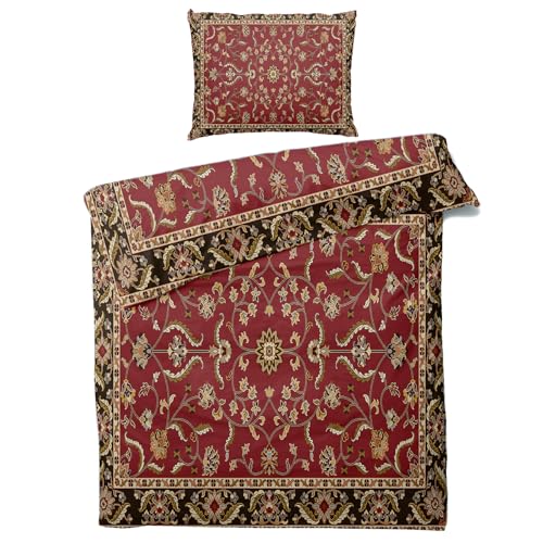 Orientalisch Bettwäsche 135x200 Sommer - Rot Schwarz Gold Traditionell Blumen Bettbezug 135 x 200 2er Set mit Kissenbezug 80x80, Weiche Mikrofaser Sommerbettwäsche mit Reißverschluss J-&218