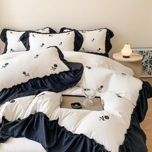 Sedefen Bettwäsche 200x200cm Schwarz Rüschen Weiß Bettwäsche Set Blumen Stickerei Weich Mikrofaser Oeko-TEX Bettbezug Romantisch Ruffle Vintage Deckenbezug mit Reißverschluss und 2 Kissenbezug 80x80cm