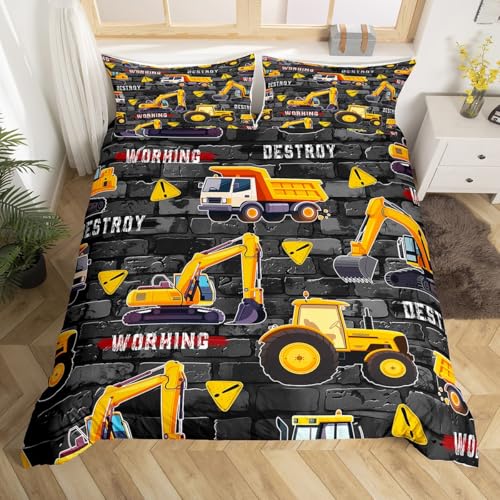 Loussiesd Bagger Bettwäsche Set 135x200cm für Kinder Jungs Teens Baufahrzeuge Betten Ausrüstung LKW Bettbezug