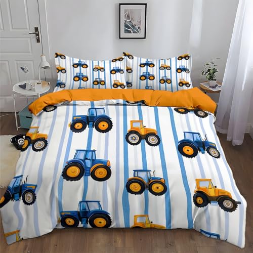 Bettwäsche 200 x 200 cm 3teilig Bettbezug, Wendebettwäsche Bedding Orange Farbe Cartoon Streifen Traktor Mähdrescher mit Reißverschluss, Weich, Bügelfrei und hypoallergen