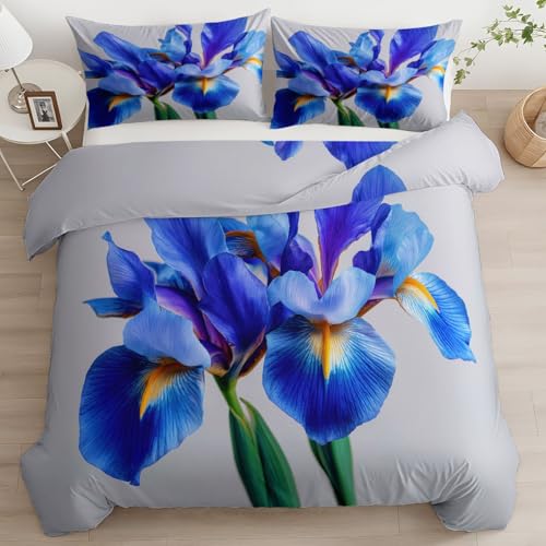 Generisch Bettwäsche Set 135 x 200 cm Pflanze Schwertlilie 3D Mikrofaser Bettbezug Sets, Grau Weich Atmungsaktiv Bettbezüge mit Kissenbezug 80x80 cm für alle Jahreszeiten