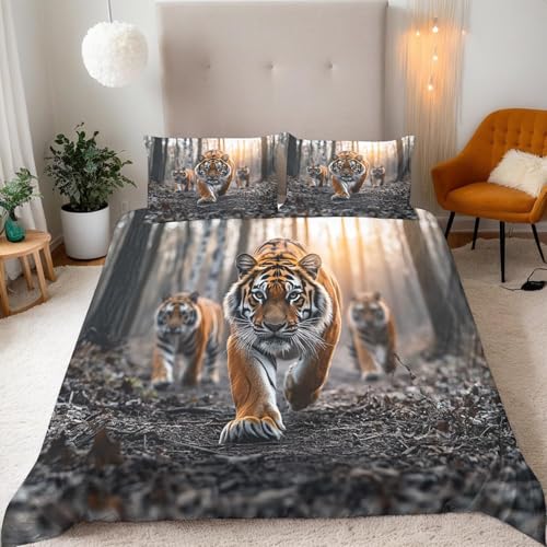 Bettwäsche 135x200 Tiger 3D Bettwäsche-Sets Wälder Microfaser Bettbezug Weiche Komfortabel Bettbezüge mit Reißverschluss and 2 Kissenbezüge 80x80 c1087