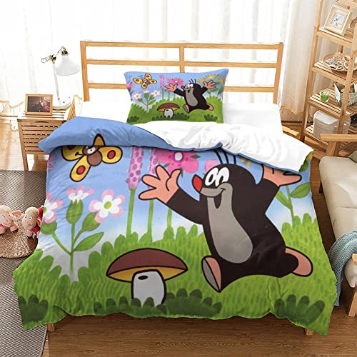 ZOENAE Maulwurf Geschichte Bettwäsche-Set 3D Animation Bettbezug Mit Kissenbezug 3-teiliges Set Mikrofaser Mit Reißverschluss Für Kind Erwachsene Bettbezüge Single?135x200cm?