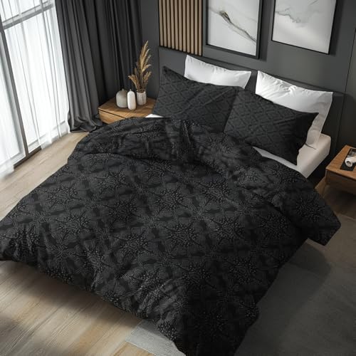 Schwarz Damast Bettwäsche 140x200 Bügelfreie - Orientalisch Vintage Muster, Renforce Wendebettwäsche Bettbezug 2er Set Cozy Mikrofaser Mit Reißverschluss, 1 Kissenbezug, Geschenk Schwarz Damast LS2061