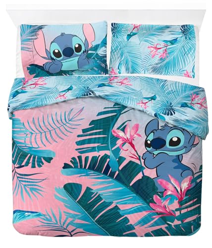 Jay Franco Disney Lilo und Stitch blumige Bettwäsche für Zwei Personen – Kinderbettwäsche Set inklusive 50 x 70 cm Kopfkissenbezug, maschinenwaschbare Baumwollbettwäsche