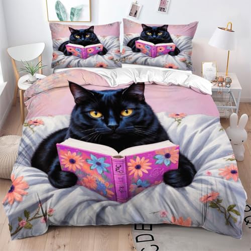 Gumntun Bettwäsche, 240 x 260 cm, Buch, 3D-Tiermotiv, Katze, atmungsaktiv, bedruckt, Bettbezug, 3-teilig, pflegeleicht, Mikrofaser-Bettwäsche mit 2 Kissenbezügen_B10098