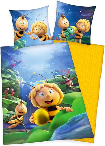 BERONAGE Die Biene Maja Kinder-Bettwäsche – Das geheime Königreich – 135x200 cm + 80x80 cm – 100% Baumwolle Renforcé – Wendebettwäsche mit Willi – Bettbezug - Reißverschluss – Deutsche Größe