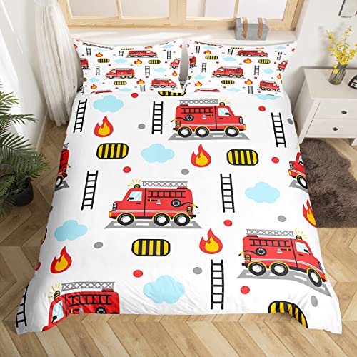Manfei Cartoon Feuerwehrmaschinen Kinder Bettbezug Set S Größe,Feuerwehrwerkzeug e Kleinkind Bettwäsche Set,Mädchen Erwachsene,städtische Rettungsfahrzeuge Nette Tröster Abdeckung,Bunte Quilt Cover