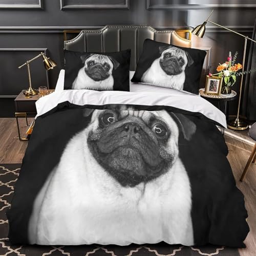 Mops Bettwäsche 135x200 3D Drucken Hundemuster Bettwäsche-Sets Weiche Kuschelig Mikrofaser Bettbezug mit 2 Kissenbezüge 80x80 cm mit Reißverschluss R.2432