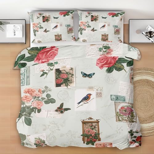 Generisch Retro Pflanze Bettwäsche 135x200, 2 Teilig Bettbezug, Schmetterling Vogel Mikrofaser Bettwäsche-Set mit 1 Kissenbezüge 80x80 cm, Stempel Deckenbezug mit Reißverschluss K52c