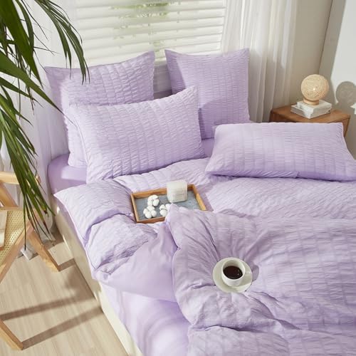 YASMENG Seersucker Bettwäsche 135x200 Lila Gestreift Bettwäsche Seersucker Modern Bettwäsche Mikrofaser Weich Atmungsaktiv Bettbezug Set 2teilig mit Reißverschluss und 80x80 cm Kissenbezug