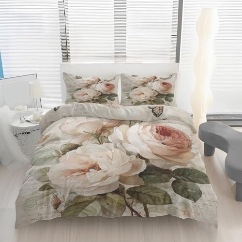 Vintage Rose Bettwäsche 200x200, Schmetterling Wendebettwäsche, Französischer Landhausstil Motiv Bettbezug mit Reißverschluss, Weiche Mikrofaser Bettwäsche Sets 3 Teilig mit 2 Kissenbezug 80x80 T19h
