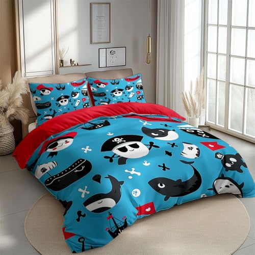 Bettwäsche 135 X 200 cm Mikrofaser Bettbezug Set Cartoon Pirat Abenteuer Weich Bügelfrei Bettwäsche-Sets Für Kinder Erwachsener Blau Rot Mit Reißverschluss Und Kissenbezug Atmungsaktiv Und Bequem