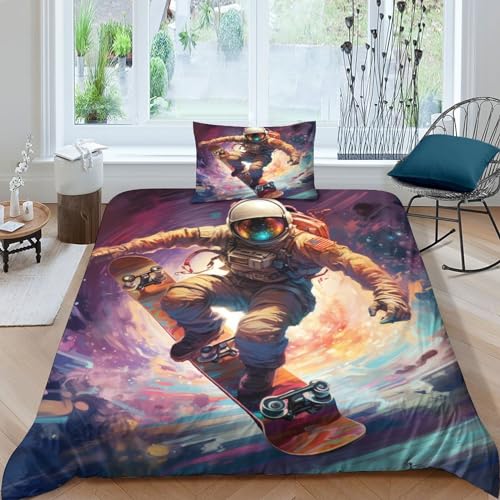 ItoMen Astronaut Skateboard 3D Bettbezug Colorful farbenfroh Bettwäsche Set 2 Teilig Bettbezüge Mikrofaser Mit Reißverschluss Und Kissenbezug Für Erwachsene Kinder Mädchen Junge Single?135x200cm?