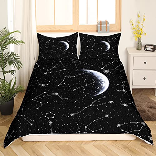 Homemissing Bettwäsche Sternbild 140 x 200 cm Zodiac bedruckt Bettbezug Galaxy Starry Sky Bettbezug Schwarz Weiß Weltraum Mond Sterne Motiv Schlafzimmer Dekor 2 Stück