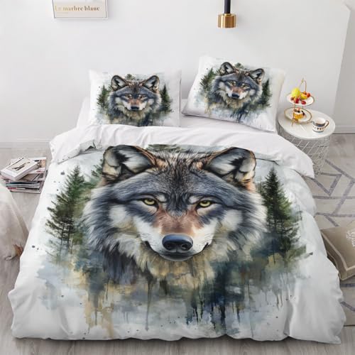 Bettbezug 150x200 cm 3D Wolf Biest Pirat Tier Animal Muster Intensive Farbe Mikrofaser Bettwäsche Warm Und Sanft Bettbezug mit ReißVerschluss Und EckbäNdern + 2 Kissenbezug 80x80 Flauschig