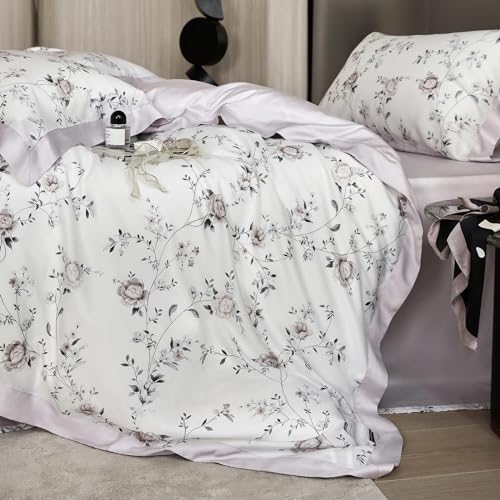 VM VOUGEMARKET Bettwäsche-Set mit violettem Blumenmuster, kühlendes Lyocell-Komfoter-Set für heiße Schläfer, Cottage Botanische Blume, Bettwäsche-Set für Teenager-Mädchen, Violett
