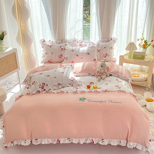 GETIYA Mädchen Damen Bettwäsche 135x200 Rot Blumen Bettwäsche Rosa Weiß Mikrofaser Bettwäsche Floral Muster Blümchen Bettbezug Einzelbett Romantisch Rüschen Bettwäsche mit 1 Kissenbezug 80x80
