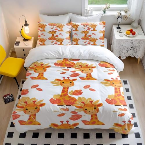 Bettbezug-Set mit Cartoon-Löwen-Giraffe, bunte Punkte, Mikrofaser-Bettbezug für Kinderzimmer, Tierdruck, Bettwäsche-Set für King-Size-Bett, mit 2 Kissenbezügen (Druck 3, Einzelbett + 50 x 75 cm x 2)