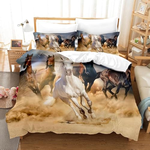 Rodths Pferd Bettwäsche 135x200, Bettbezug 135 x 200 2er Set, Weiche Microfaser Deckenbezug mit ReißVerschluss, 1 Kissenbezug 80x80 cm, Bügelfreie Weich Bettdeckenbezug