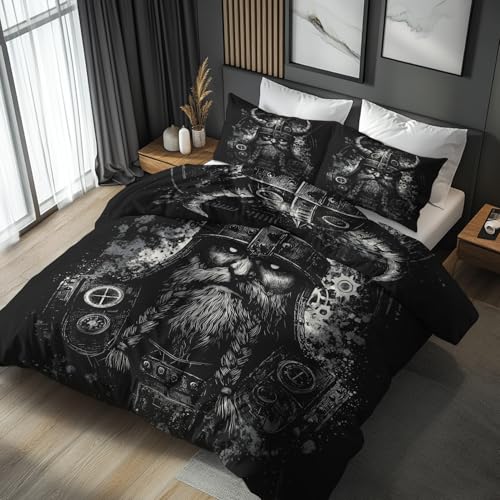 Viking Krieger Bettwäsche 200x200 Bügelfreie - Europa Mythologie Pirat Muster, Renforce Wendebettwäsche Bettbezug 3-teilig Set Cozy Mikrofaser Mit Reißverschluss, 2 Kissenbezug 80x80, Geschenk LS842