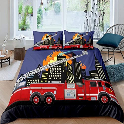 igyhuij Bettwäsche 155x220 Feuerwehrauto 3D Winter Weich Kuschelige Mikrofaser Bettwaren 1 x Bettbezug 2 x Kissenbezug 80x80 cm Reißveschluss
