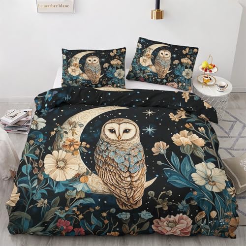 Luxfieo Eule Deko - Eule Bettwäsche 135x200 Winter, Botanische Wildblume Mond Bettbezug 135 x 200 2er Set mit 1 Kissenbezug 80x80, Weiche Mikrofaser Winterbettwäsche mit Reißverschluss