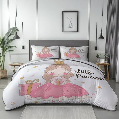 Bettwäsche 135 x 200 cm Cartoon Süße Kleine Prinzessin Set 3 Teilig Mikrofaser Bettbezug Atmungsaktiv Langlebig Weiß Bettwäsche Mit Reißverschluss Und 2 Kissenbezug 50x75cm