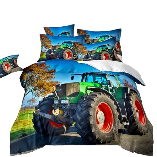 ZZTBQ Traktor Bettwäsche für Kinder 135x200 Kinderbettwäsche Bettbezug und Kissenbezug-Set Traktor Fahrzeuge Wagen Autos Einzelbettwäsche Set