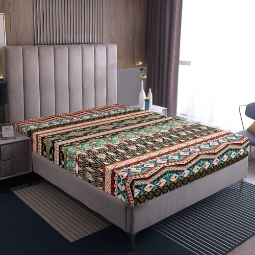 Boho Aztec Bettwäsche Set 90x200x30,Rustikale Südwestböhmische Bettwäsche Tiefe Tasche,Streifen Pfeil Geometrische Bunte Native Spannbettlaken Exotische Stamm Spannbettlaken Atmungsaktive Braun