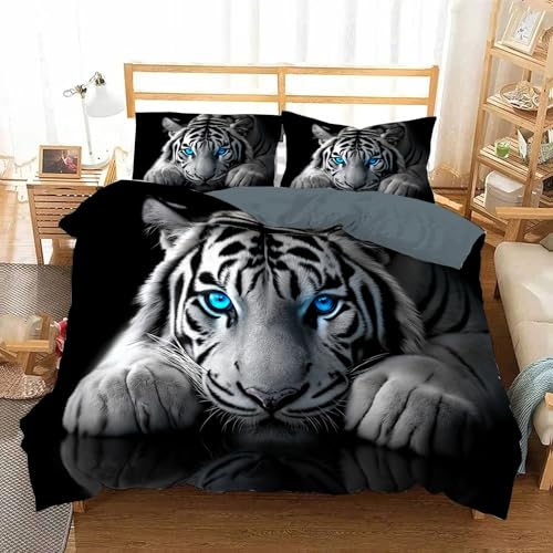 JEDTAKCT Blauäugiger Weißer Tiger Druck Reversibel Bettwäsche 135X200 Winter Wildtier Druck Bettwäsche 135X200 Bettwäsche 135X200 + 80X80 cm -Mikrofaser Bettwäscheset Geschenk (135X200)