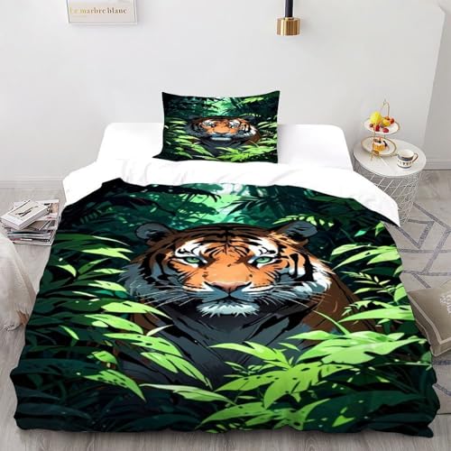 VulcanTrade Tiger Dschungel 3D-Druck Atmungsfähig Bettwäsche Bettbezug-Set 2 Stücke Wrinkle Resistant Microfiber Mit Kissenbezüge Mit Reißverschluss Für Erwachsene & Kinder Single?135x200cm?