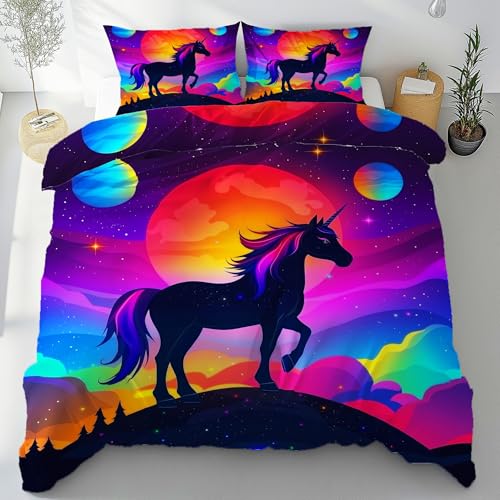 Gklnmcx Bettwäsche Niedlich Einhorn 3teilig 135x200 Bettwäsche Set Fantasy TierBunt Galaxie Planet Reißverschluss 2 Kissenbezug 80x80