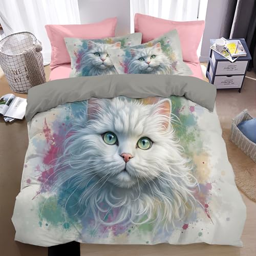 flauschig behaartes Tier Katze Bettbezug Set Bauernhaus Bedruckte Betten Set für Kinder Frauen Männer 3D Elegantes und Romantisches Muster Bettwäsche Set 135*200cm Bunte Punkte,Leuchtende Farben