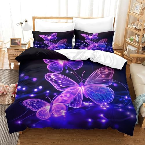 Schmetterling Bettwäsche 135x200 cm Kinder Bettwäsche-Set 3D Neonlichter Bettbezüge Weiche Kuschelig Mikrofaser Bettbezug mit Reißverschluss und 2 Kissenbezüge 80x80 cm d-2465