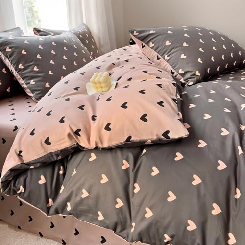Nayoroom Bettwäsche 135x200 Rosa Schwarz Herzchen Bettbezug Set 2teilig Pink Herz Muster Aesthetic Cute Herzen Renforce Microfaser Mädchen Deckenbezug mit Reißverschluss und 1 Kissenbezug 80x80 cm