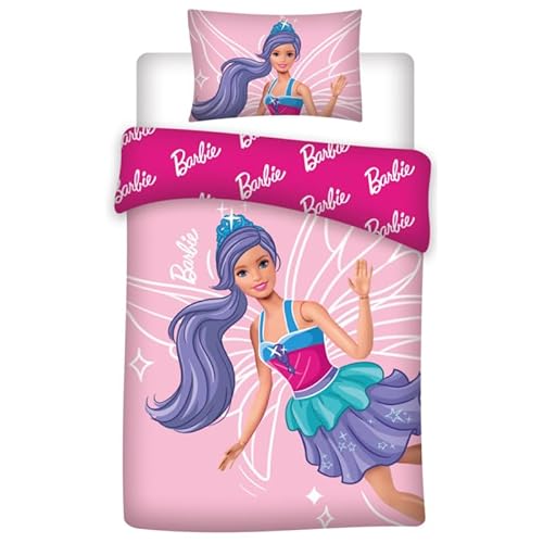 Barbie Déco Mädchen-Bettwäsche, Baumwolle, wendbar, Rosa, Bettbezug 100 x 135 cm, Kissenbezug 40 x 60 cm