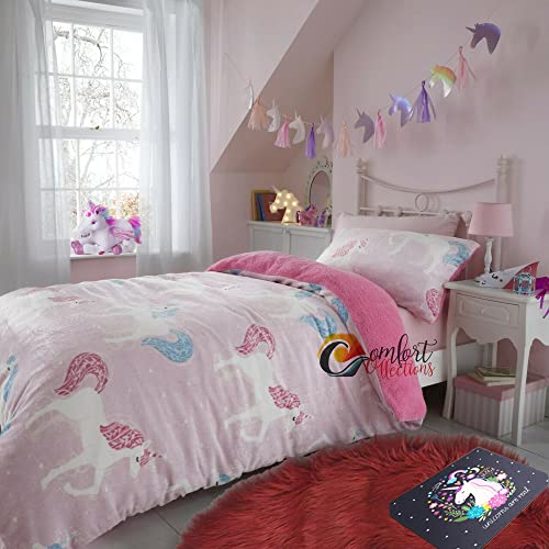 Einhorn-Bettwäsche-Set für Kleinkinder, Kinder, Teddy-Fleece, Bettbezug mit passenden Kissenbezügen, Bettwäsche-Set für Einzelbett, ca. 135 x 200 cm, Rosa