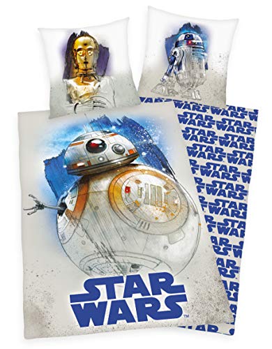 Disney Star Wars BB8, C3PO, R2D2 Bettwäsche 80x80 + 135x200cm, 100% Baumwolle mit Reißverschluss
