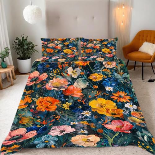 Zbeiba Bettwäsche 135x200 cm,Farbige Blumen im Doodle-Stil Bettwäsche Set Bettbezug,1 Bettbezug und 2 Kissenbezug 50x75 cm,color10,3D Drucken Bettbezug Mit Reißverschluss