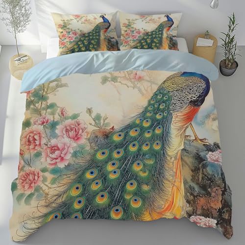 Meugesoi Tier Pfau Bettbezug 135x200 cm mit 2 Kissenbezüge 80x80 cm, Orientalisch Pfingstrose Bettwäsche 3-Teilig mit Reißverschluss Bügelfrei, Bettwäsche Set Mikrofaser Weich