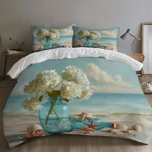 SKOEUI Bettwäsche 135x200 cm 3Teilig Strandhortensie Bettwäsche-Sets Bügelfrei Microfaser Bettbezug mit Reißverschluss Allergiker Bettdeckenbezug mit 2 mal Kissenbezug 80x80 cm Hellblau