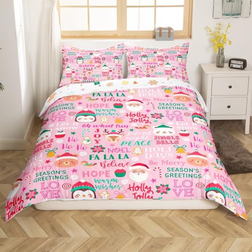 Rosa Weihnachten Kinder Bettdecke S Größe Süße Weihnachtsmann Pinguin Cartoon Pink Fantasy Decken Abdeckung für Schlafzimmer Weihnachtsdekoration Wildtiere Hirsch Bettwäsche Set(1 Kissenbehälter)