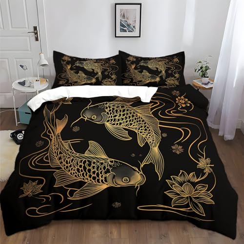 Goldstrichzeichnung Fisch Schwarz Bettwäsche-Sets 155x220 cm Schwarz Bettwäsche Weiche Mikrofaser Allergiker 3 Teilig Bettbezug mit Reißverschluss für Teenager Erwachsene