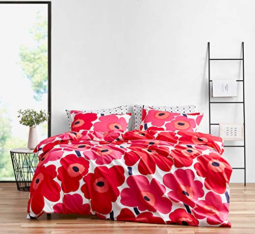 Marimekko Schmusetuch Set Baumwoll-Bettwäsche mit passenden Kissenbezügen, leichte Heimdekoration für alle Jahreszeiten, Unikko rot, Queen