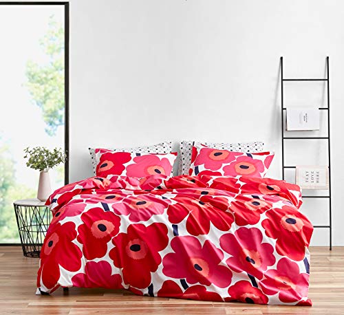 Marimekko Comforter Set Baumwoll-Bettwäsche mit passenden Kissenbezügen, leichte Heimdekoration für alle Jahreszeiten, Unikko Red, Queen