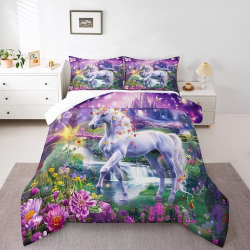 Manfei Einhorn-Bettwäsche-Set für Kinder, volle Größe, glitzerndes Sternenhimmel, Schloss, verträumtes Bettwäsche-Set, Mädchen und Frauen, Raumdekoration, Schmetterlings-Blumen, niedliche