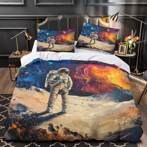 RWKAVZLOP Astronaut Steht 3D Bedruckt Bettbezug 3teilig Mikrofaser fleckenfest Weltraumfantasie-Gemälde Deckenbezug 2 Kissenbezüge maschinenwaschbar Erwachsene Paare Super King?260x220cm?