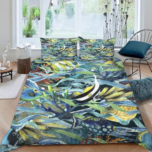 MOXINO 3D Maritime Bettwäsche 155x220 cm 3teilig Cartoon Fisch Bettwäsche für Teenager Leicht Mikrofaser Bettbezug Sommer Weiche Bettbezüge mit 2 Kissenbezüge 50x75?Muster 97-3?